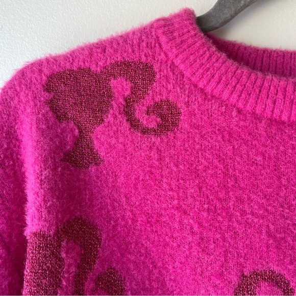 Barbie Fuzzy Pink Sweater Metallic Logo Print Girls Size L 10/12 Y2K Barbiecore - Picture 10 of 10